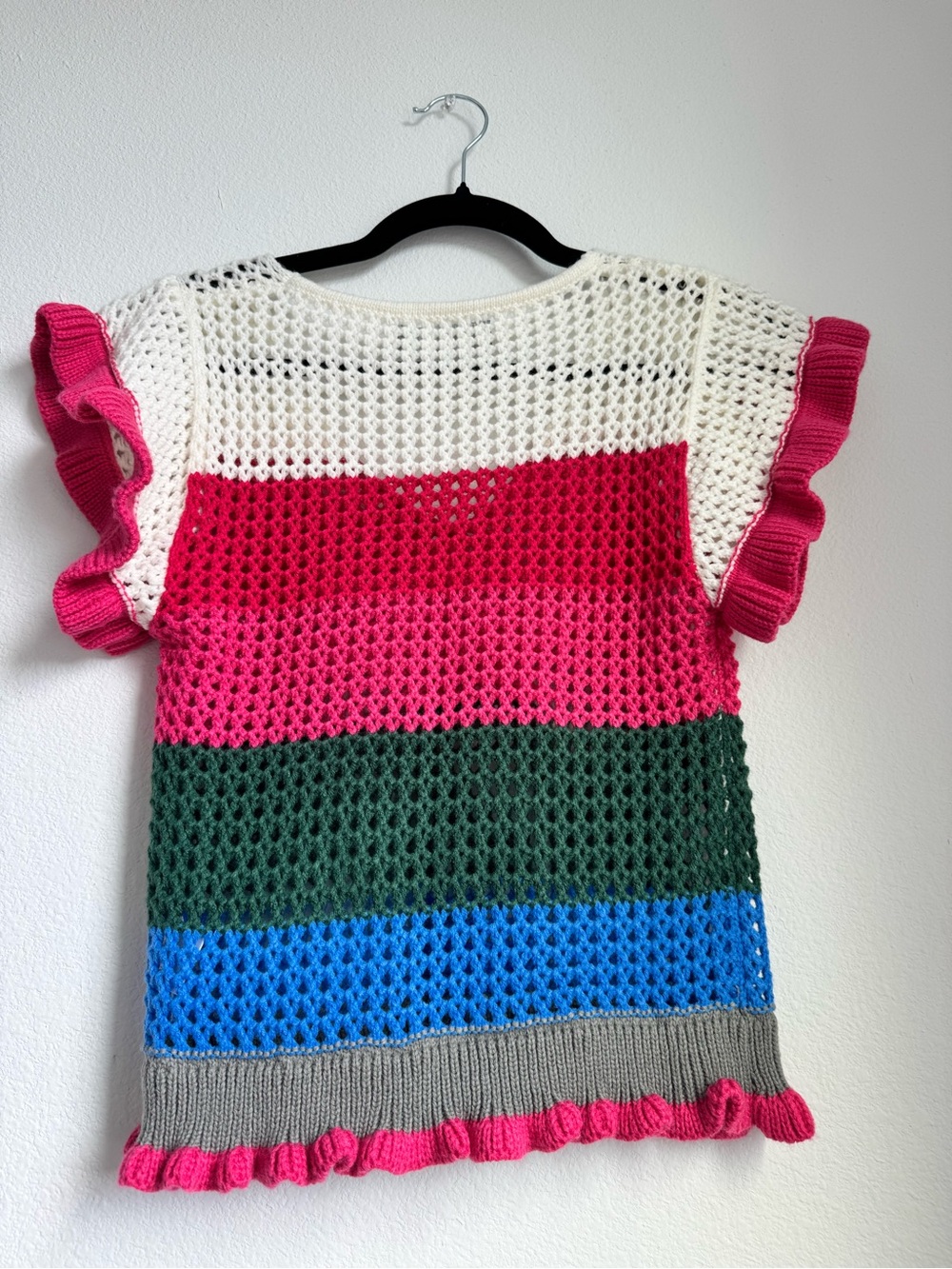 Striped Crochet Ruffle Sleeve Top - Pink/White/Green/Blue - Picture 3 of 3